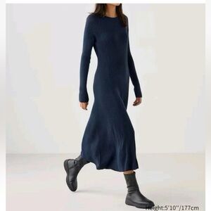 Uniqlo C Merino Wool Blend Ribbed Long Sleeve Midi Dress black